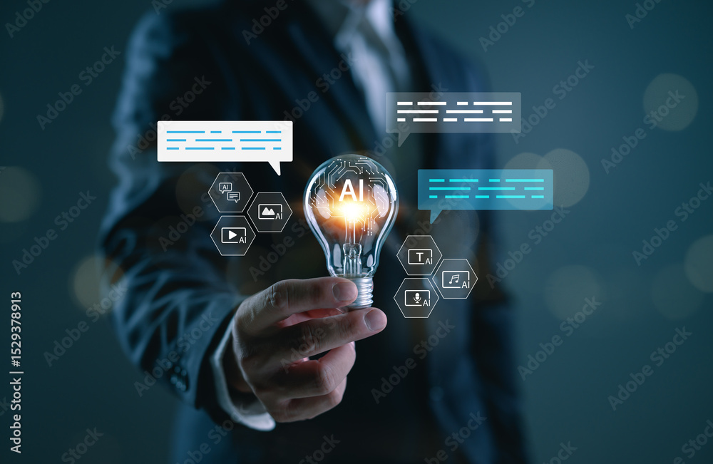 Poster ai creative innovation concept with businessman holding light bulb, showing artificial intelligence 