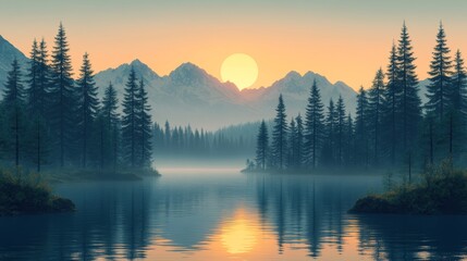 Tranquil Sunrise Over Misty Lake Surrounded by Majestic Mountains