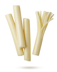 Cheese string cheese sticks flying on a white background. Isolated