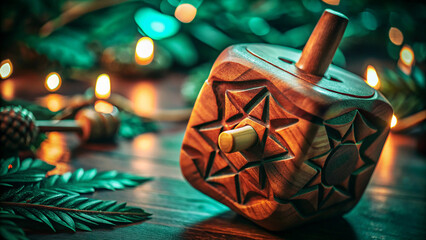Spinning Wooden Dreidel on Dark Surface – Traditional Hanukkah Toy in Motion