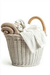 A cozy basket filled with soft, textured towels and blankets, perfect for a warm and inviting home environment.