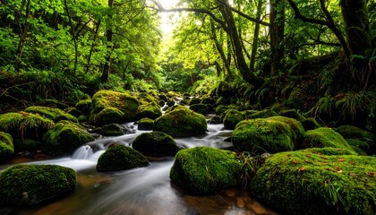 Obraz premium Mossy stream with lush forest.