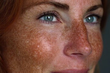 Fototapeta premium Close-up portrait of a fair-skinned woman's face with freckles and beautiful blue eyes, showcasing natural beauty and skin texture with ginger hair.