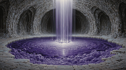 Mystical underground chamber features vibrant purple pool with cascading water, creating serene
