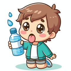 Cute thirsty boy cartoon vector drinking water from bottle