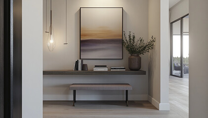a close up of the elements on the console table like books, art, hanging plants,modern entryway with a close up of minimalist console table,grey and white and purple soft natural light,layered texture