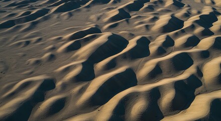 Aerial View of Rolling Sand Dunes at Sunset Golden Hues and Shadows in the Desert Landscape