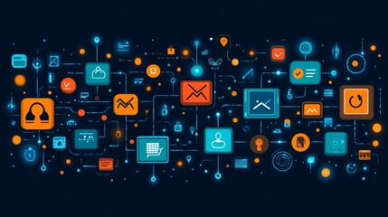 Digital Network Interface with Icons and Symbols for Technology