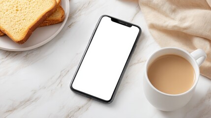 Smartphone mock up with blank screen placed on marble table beside cup of coffee and plate of toast, creating a cozy breakfast scene with copy space for design purposes