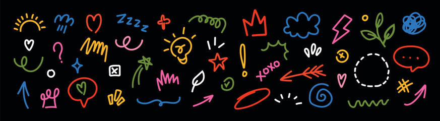 Hand drawn marker set. Colorful line, brush, arrow, scribble, stroke. Heart, crown, star. Vector shape icons. Simple sketch for highlight, note, text.	
