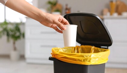Woman discarding cup in kitchen bin.