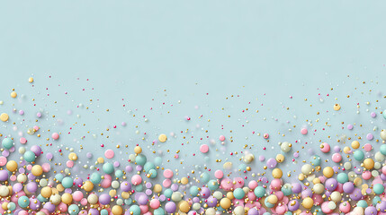 Colorful spheres and confetti create festive atmosphere against light blue background