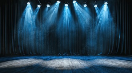 A stage with blue lighting and a black curtain, with a spotlight shining through the curtain.