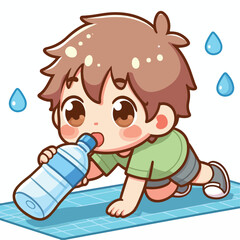 Cute thirsty boy cartoon vector drinking water from bottle