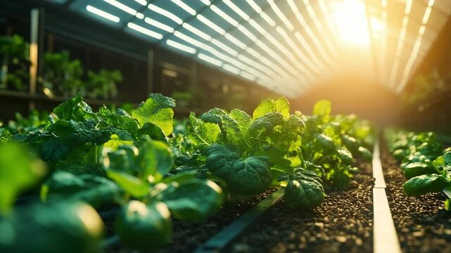 Advanced greenhouse with solar-integrated canopy and lush green vegetables growing under ray-traced light, showcasing sustainable, high-tech farming with a futuristic aesthetic.