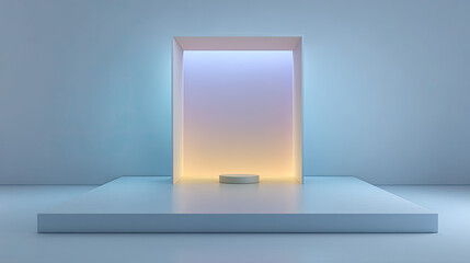 Minimalist stage with glowing backdrop creates serene atmosphere, perfect for presentations