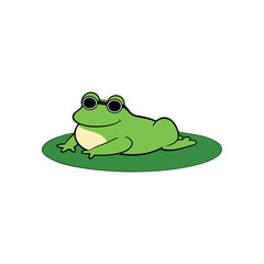 A frog sunbathing on a lily pad with sunglasses