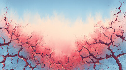 Vibrant abstract artwork featuring blend of pink and blue hues, with cracked texture that adds