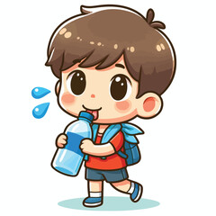 Cute thirsty boy cartoon vector drinking water from bottle