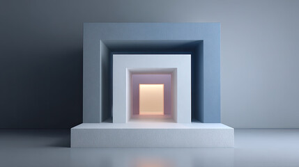 Modern geometric structure with layered shapes and soft lighting creates serene atmosphere