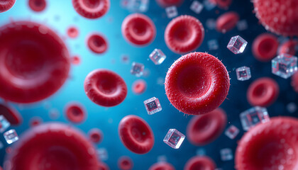 Red blood Cells and glucose in the bloodstream, blood sugar and diabetes concept image 