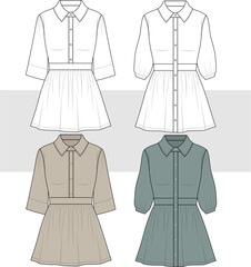 Women's Pleated Shirt Dress set technical fashion design drawing, illustration. Front view, Cad, Mockup set.