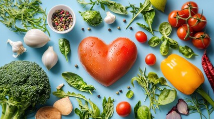 A vibrant display of fresh vegetables and fruits arranged in a heart shape on a blue background.