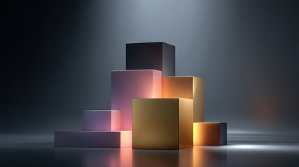 Dramatic stacked rectangles in gradient colors create striking visual display