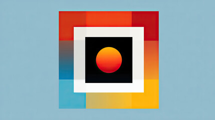 Colorful geometric design featuring central sun symbol, evoking warmth and creativity