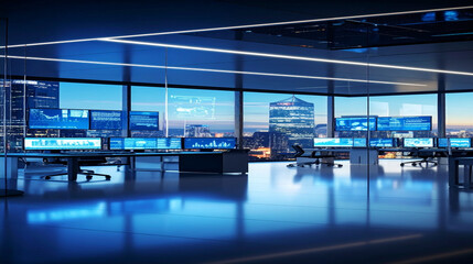 Obraz premium Transparent glass panels displaying cascading data streams, sleek interfaces blending seamlessly with ambient LED lighting in a tech hub