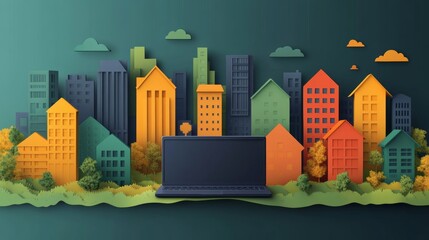 Colorful Urban Landscape with Laptop and Paper Cut Design Elements