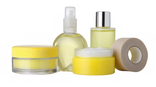 Skincare products arranged on a transparent background highlight cream, toner, and tape, making them ideal for beauty and wellness projects focused on health and self care