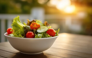 Fresh garden salad of mixed greens, cherry tomatoes and cucumber in a white bowl with softly blurred sunlit outdoor patio background