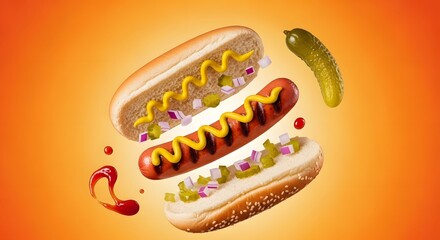 Classic Hot Dog Ingredients Floating American Food Photography