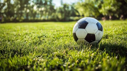 A soccer ball on a grassy field with trees in the background.