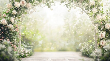 A wooden walkway leading to a lush garden with a white archway adorned with white roses and green foliage.