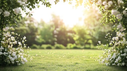 A serene garden scene with blooming white roses and green grass, under a clear blue sky with sunlight filtering through the leaves.
