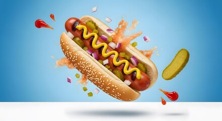 Classic Hot Dog Ingredients Floating American Food Photography