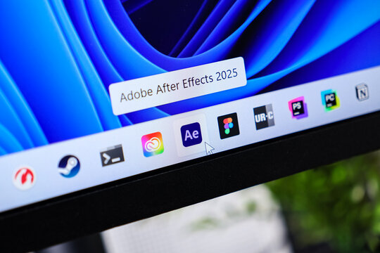 Poznan, Poland - June 6, 2025: Adobe After Effects 2025 application icon clearly displayed on a modern Windows 11 taskbar, symbolizing professional creative video editing software