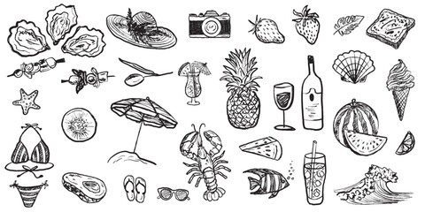 Italian summer vacation concept olives, fruits, oyster, wine glass, lobster, ice cream, avocado in black brush stroke texture on white. Hand drawn vector sketch illustration in vintage charcoal ink