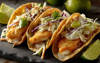 Crispy fish tacos topped with fresh slaw and lime wedges on a slate board with softly blurred street food market background