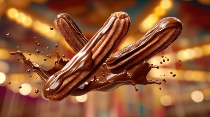 Levitating churros with glossy chocolate sauce splatters against a softly blurred carnival food stall background