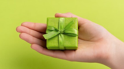 Studio shot of a human hand presenting a small gift box tied with ribbon against a bright lime green background