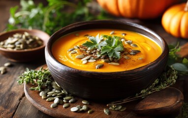 Steaming bowl of creamy pumpkin soup topped with pumpkin seeds on a wooden table with softly blurred cozy kitchen background