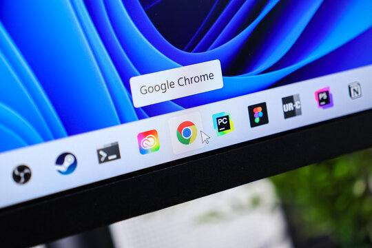 Poznan, Poland - June 6, 2025: Google Chrome application icon displayed with a tooltip on a Windows 11 taskbar, representing modern internet browsing