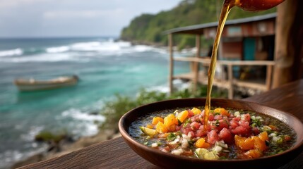 Levitating ceviche with citrus marinade jets over a softly blurred coastal seafood shack backdrop