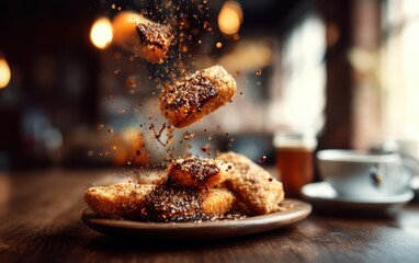 Hovering fish and chips with malt vinegar spray over a softly blurred nautical pub interior background