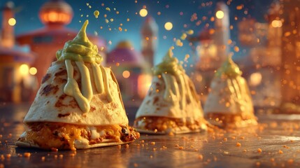 Floating quesadilla wedges with guacamole dollop splatters against a softly blurred Mexican cantina background