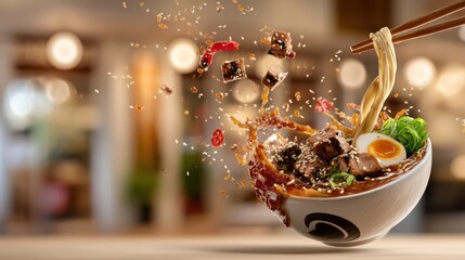 Mid-air ramen bowl with spicy broth splashes over a softly blurred ramen shop background
