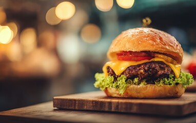 Mouthwatering gourmet cheeseburger with lettuce, tomato and melted cheese on a wooden board with softly blurred retro diner background